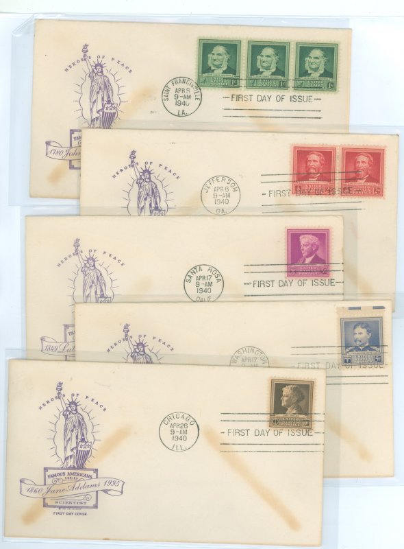 US 874-878 1940 Scientists (part of the famous american series) set of five on five matching unaddressd FDC with Ross engraving
