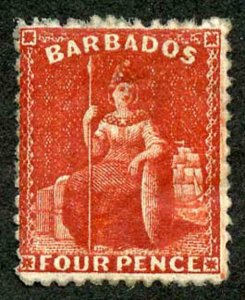 Barbados SG68 4d Deep Red Wmk Crown CC Perf 12.5 M/Mint Cat 350 pounds 