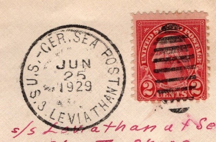 2 Cent George Washington on Cover US Sea Post SS Leviathan June 25, 1929