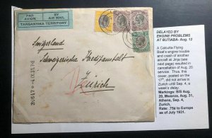 1931 Tanganyika KUT Crash Airmail Cover To Zurich Switzerland Via Athens