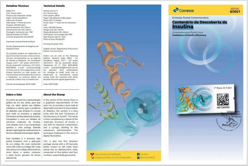 21-09 BRAZIL 2021 CENT. OF INSULIN DISCOVERY, DIABETES, HEALTH, MNH + BROCHURE