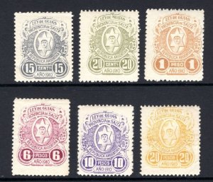 ARGENTINA *SALTA* Revenue Stamps GROUP{6} 1910 15c-20P Mint UMM MNH MS4555