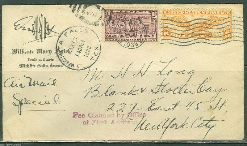 UNITED STATES WILLIAM MARY HOTEL SPECIAL DELIVERY  COVER 3/18/36  TO  NYC