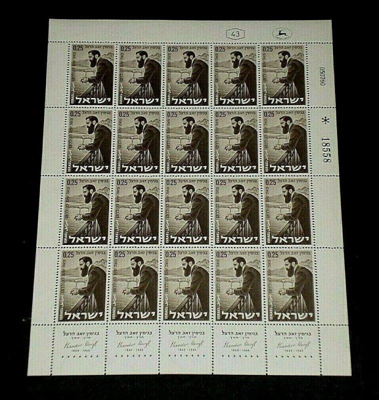 1960, ISRAEL #183, THEODORE HERZL, 0.25, SHEET/ 20 , MNH, NICE! LQQK!