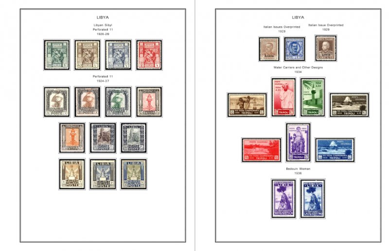 COLOR PRINTED ITALIAN LIBYA 1912-1942 STAMP ALBUM PAGES (24 illustrated pages)