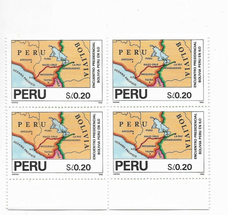 PERU 1992 MAPS PRESIDENTIAL MEETING PERU - BOLIVIA SC 1018 BLOCK OF FOUR MNH 