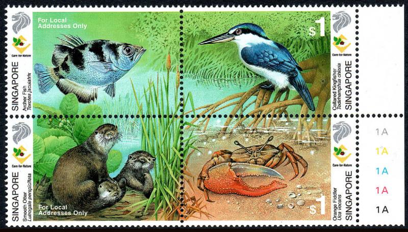 Singapore 947 Block of 4, MNH. Care for Nature. Fish,Otter,Kingfisher,Crab, 2000