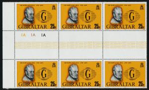 Gibraltar 378-81 Gutter Pair Blocks of 6 MNH Stamp on Stamp, Rowland Hill