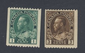 2x Canada George V Coil MH Stamps; #131 -1c VF #134 -3c F/VF Guide Val = $23.00