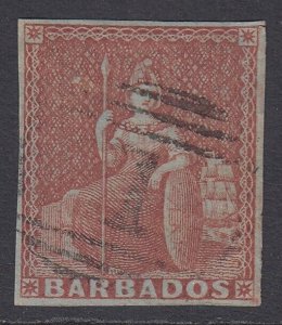 SG 5 Barbados 1852-55 (4d) brownish-red. Very fine used. 4 margins CAT £275