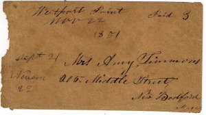 1851 Westport Point, Mass. manuscript cancel on cover, PAID 3