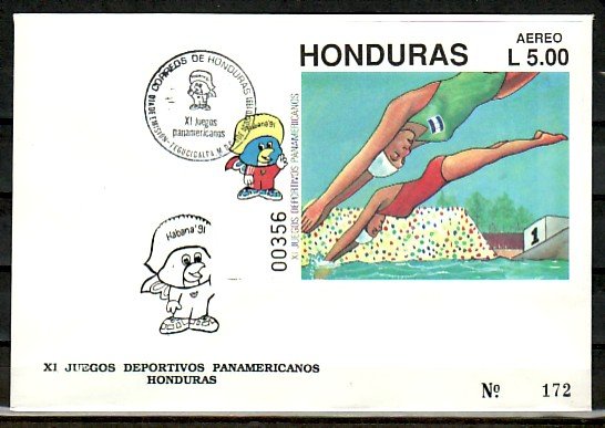Honduras, Scott cat. C829. Pan American Games s/sheet. First day cover. ^