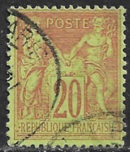 FRANCE 1879-90 20c Red on Yellow Green PEACE AND COMMERCE Issue Sc 98 VFU