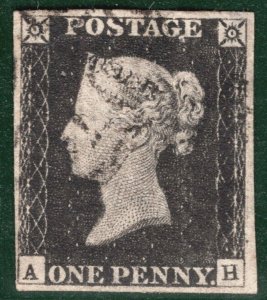 GB PENNY BLACK 1840 QV Stamp SG.2 1d Plate 2 (AH) Used MX Cat £375 PIRED30 