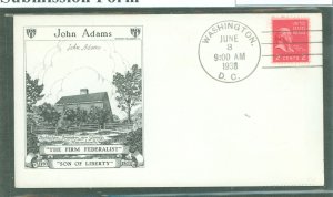 US 806 1938 2c John Adams (presidential/prexy series) single on an unaddressed first day cover with a Historic arts/Gilbert cach