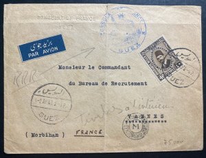 1940 French Consulate Suez Egypt Diplomatic Airmail Cover To Vamnes France