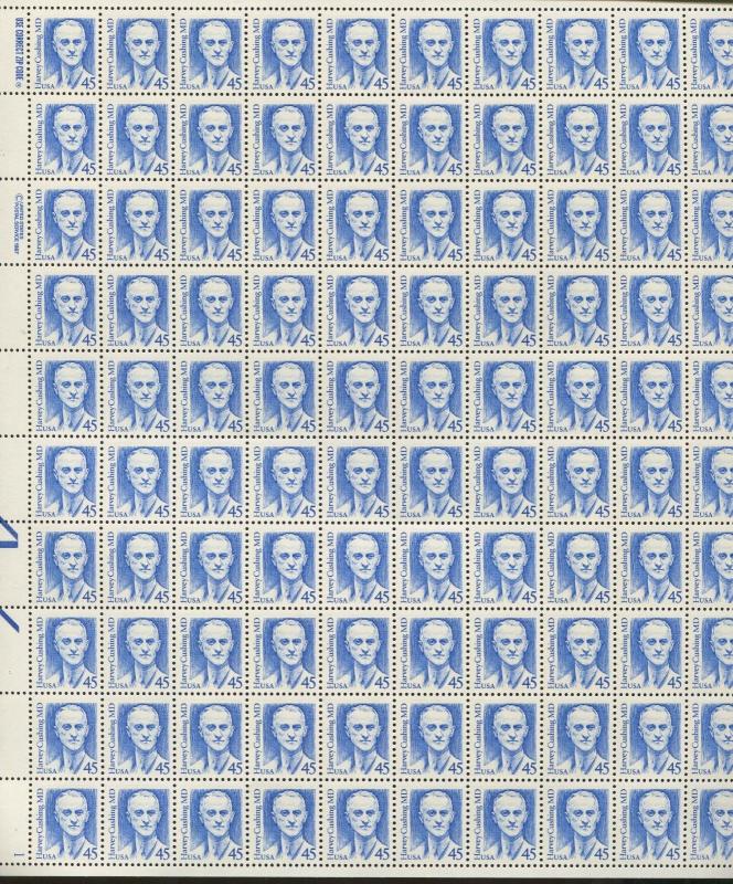 Pane of 100 USA Stamps 2188a American Neurosurgeon Harvey Cushing Price $485 