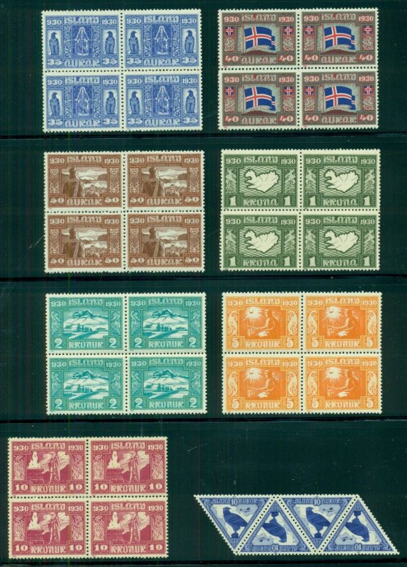 ICELAND #152-66, C3, Complete 1930 Parliament set in Blocks of 4 + C3 strip NH