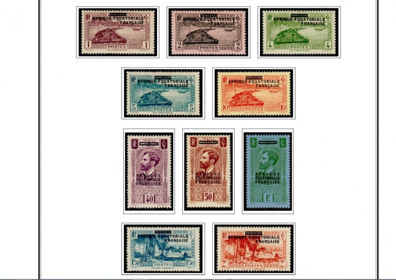 COLOR PRINTED FRENCH EQT. AFRICA 1936-1958 STAMP ALBUM PAGES (30 illustr. pages)