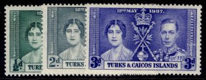 TURKS & CAICOS ISLANDS GVI SG191-193, 1937 CORONATION set, LH MINT.