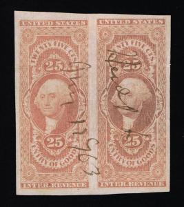 EXCEPTIONAL GENUINE SCOTT #R45a PAIR 1862-71 25¢ REVENUE - ENTRY OF GOODS