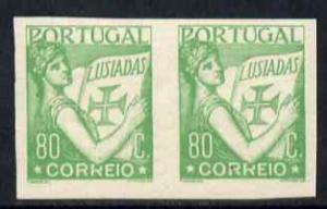 Portugal 1931 Lusiad 80c green imperf pair on gummed pape...