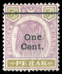 Malayan States - Perak #64c Cat$110, 1900 1c on 5c lilac olive, antique e i...