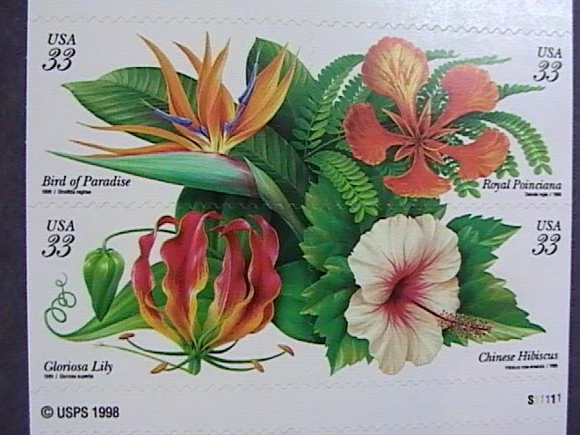 U.S.# 3310-3313(3313b)-MINT/NH-BOOKLET PANE OF 20--TROPICAL FLOWERS--1999