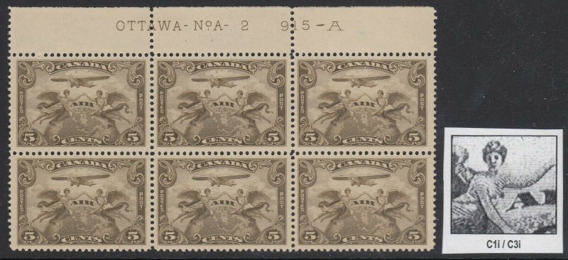 Canada, Sc C1i, MNH Pl. 2 block of six Swollen Breast variety