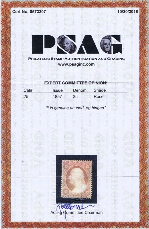 SCOTT# 25 UNUSED ORIGINAL GUM H 3c WASHINGTON, 1857.  2016 PSAG CERT.  