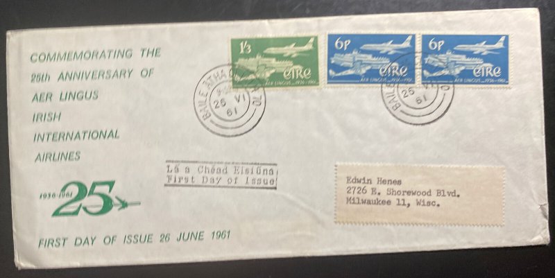 1961 Dublin Ireland First Day Cover FDC To Milwaukee WI Usa Aer lingus
