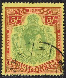 NYASALAND 1938 KGVI 5/- USED