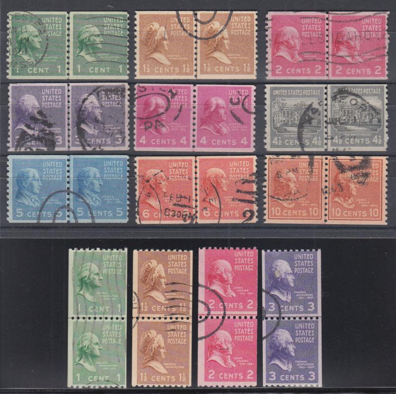 US Sc 839-851 used 1939 Presidential Coil Line Pairs, complete set, F-VF