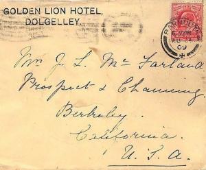 KK73 GB WALES TRANSATLANTIC MAIL 1909 *Golden Lion Hotel Dolgelley*Barmouth USA 