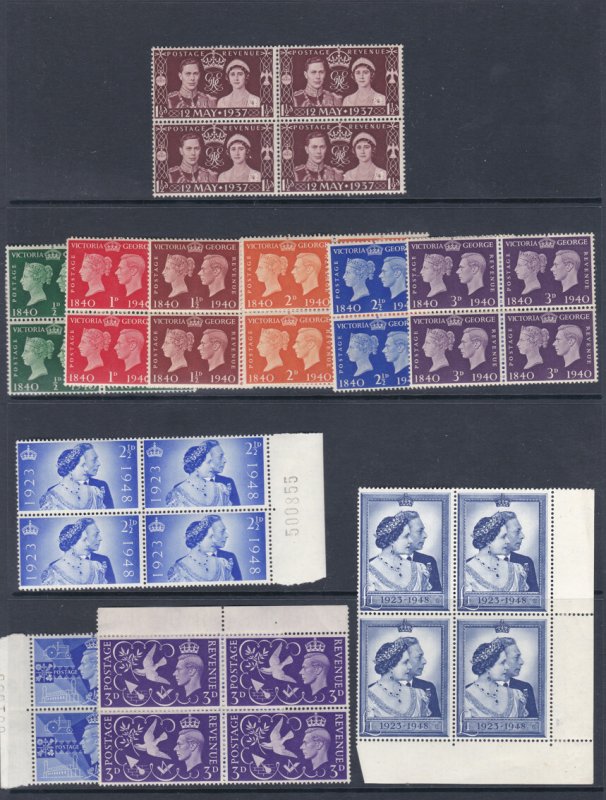 George VI Complete Commemorative set 1937-1951 Blocks of 4 U/M
