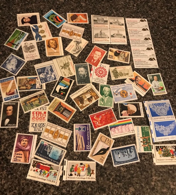 50 mint US stamps, all 20 & 22 cent, most MNH, over $10 face value