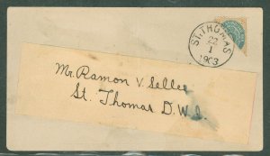 Danish West Indies (& U.S. Virgin Islands) 18a 1903 18a Bisect tied on cover, Small tear at left of label
