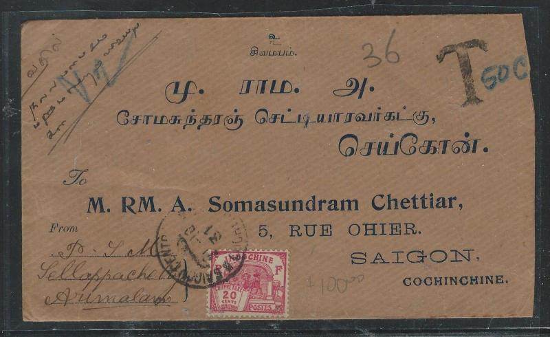 INDOCHINA (P2805B) INCOMING FROM INDIA POSTAGE DUE 50C  1931