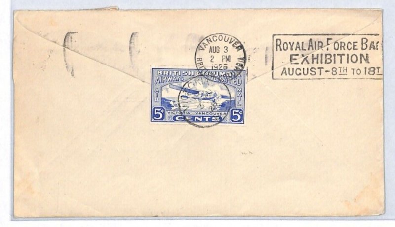 CANADA Air Mail Cover 1928 BC AIRWAYS FIRST FLIGHT Victoria Vancouver YH180