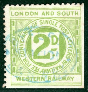 GB RAILWAY LSWR 2d Letter Stamp RARE*Light Blue* BYFLEET Station Oval Used LIME7