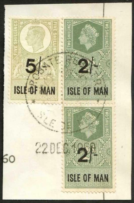 Isle of Man KGVI 5/- and QEII 2 x 2/- Key Plate Type Revenues CDS on Piece 