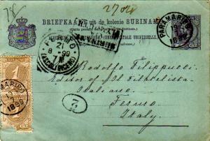 Suriname 1c Numeral (2) on 5c William III Postal Card 1899 Paramaribo to Ferm...