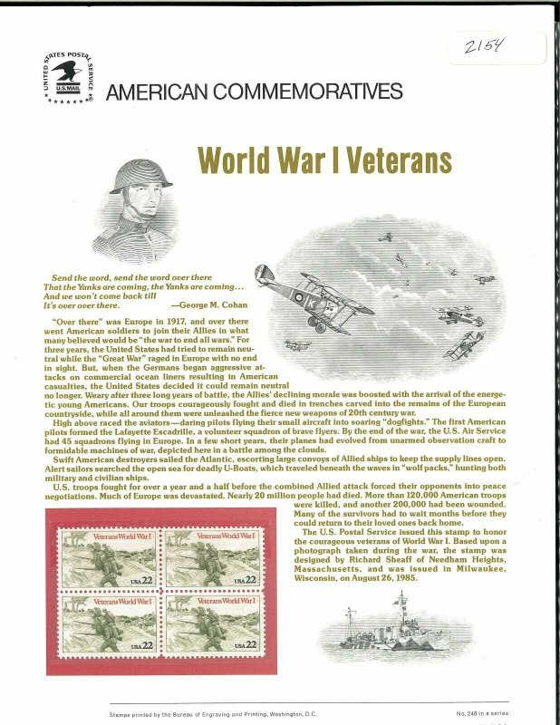 USPS COMMEMORATIVE PANEL #248 WORLD WAR I VETERANS #2154