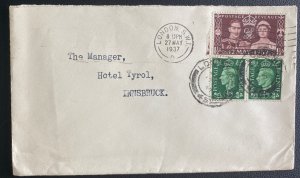 1937 London England Cover To Hotel Tyrol Innsbruck Austria Coronation Stamps