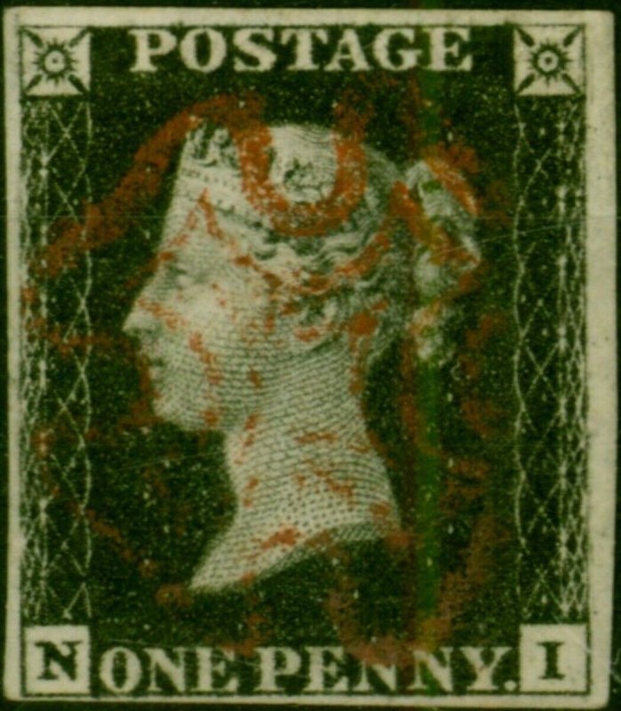 GB 1840 1d Penny Black SG2 Pl. 6 (N-I) V.F.U & Fresh 4 Neat Margins Red MX