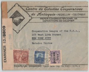 Colombia 1943 1st National Cooperative Congress Censored Cover Medellin to USA