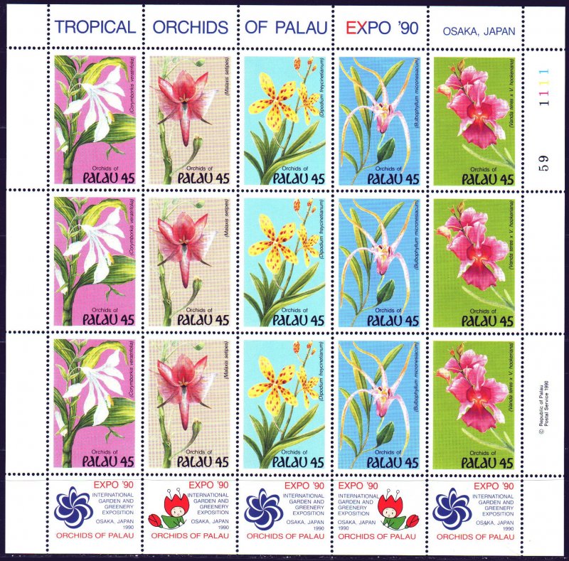 Palau. 1990. Small sheet 361-65. Orchids, flowers. MNH.