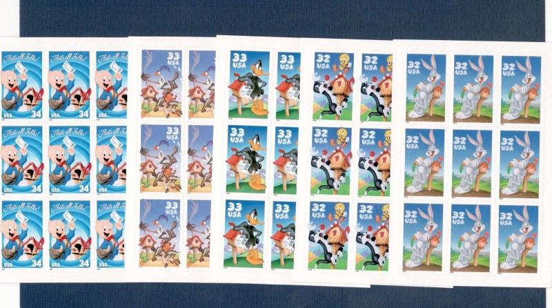 3137b-3204b-3306b-3391b-3534b Looney Tune Panes Of 9 Stamps (Free Shipping)