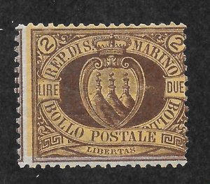 San Marino Scott 23 Unused LHOG - 1894 2l Coat of Arms Issue - SCV $90.00