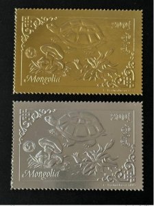 1993 Mongolia Mi. 2477 - 2478 A Gold Silver TOPEX '93 Turtle Flower Mushroom-